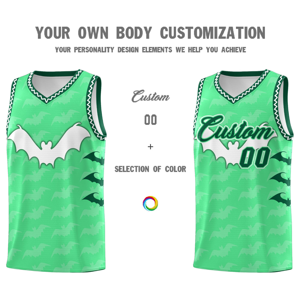 Custom Green White Bat Pattern Halloween Basketball Jersey | For Men,For Kid,For Youth,Sublimation Printed,Perfect for Training,Perfect for Parties,Add Name and Numbern | KXKSHOP
