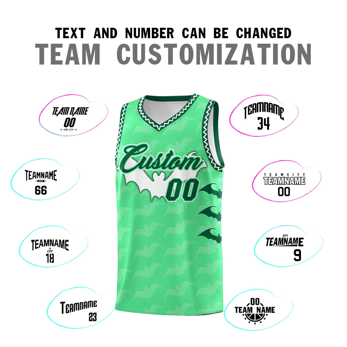 Custom Green White Bat Pattern Halloween Basketball Jersey | For Men,For Kid,For Youth,Sublimation Printed,Perfect for Training,Perfect for Parties,Add Name and Numbern | KXKSHOP