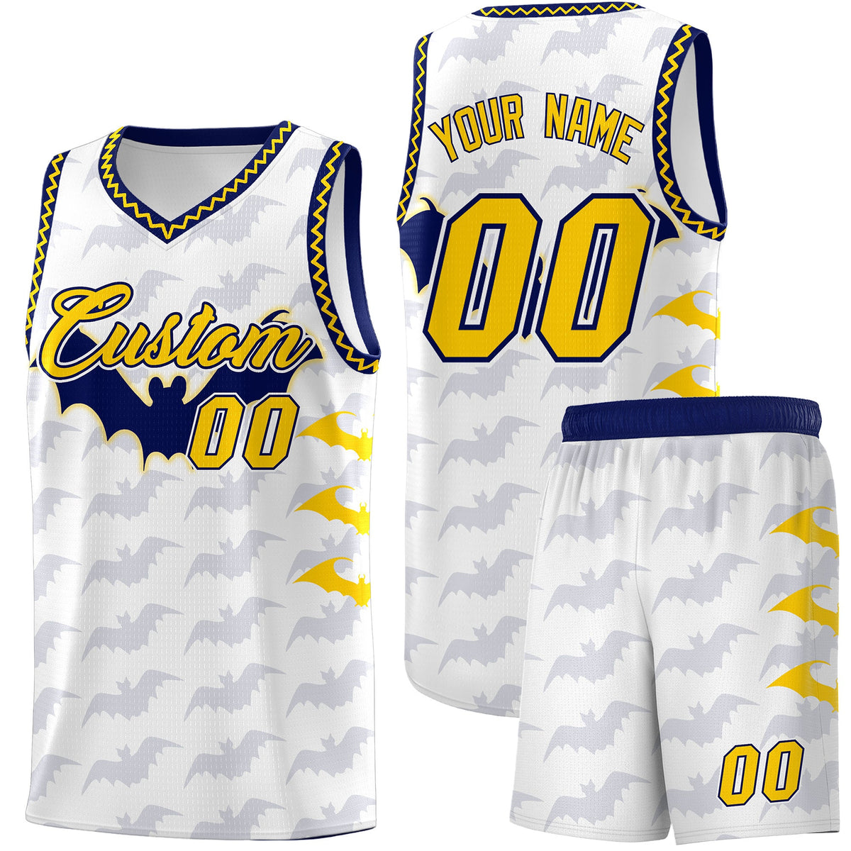 Custom White Gold Navy Bat Pattern Halloween Basketball Jersey | For Men,For Kid,For Youth,Sublimation Printed,Perfect for Training,Perfect for Parties,Add Name and Numbern | KXKSHOP