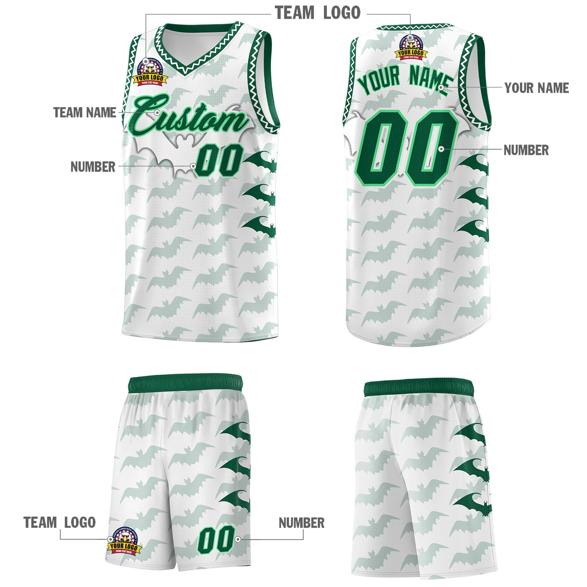 Custom White Kelly Green Bat Pattern Halloween Basketball Jersey | For Men,For Kid,For Youth,Sublimation Printed,Perfect for Training,Perfect for Parties,Add Name and Numbern | KXKSHOP
