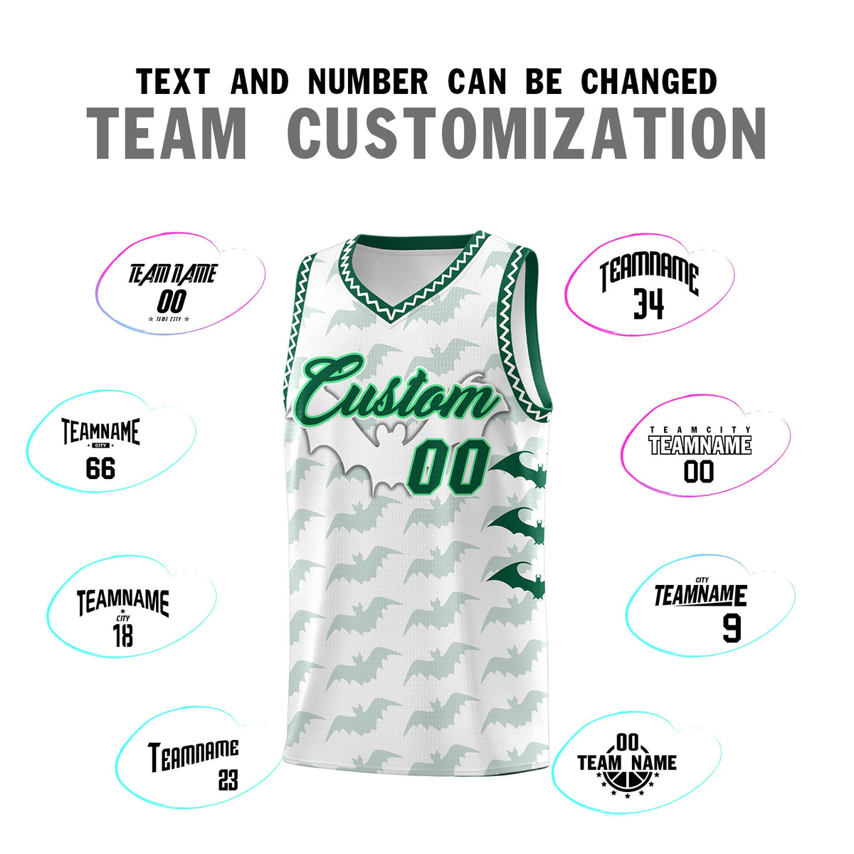 Custom White Kelly Green Bat Pattern Halloween Basketball Jersey | For Men,For Kid,For Youth,Sublimation Printed,Perfect for Training,Perfect for Parties,Add Name and Numbern | KXKSHOP
