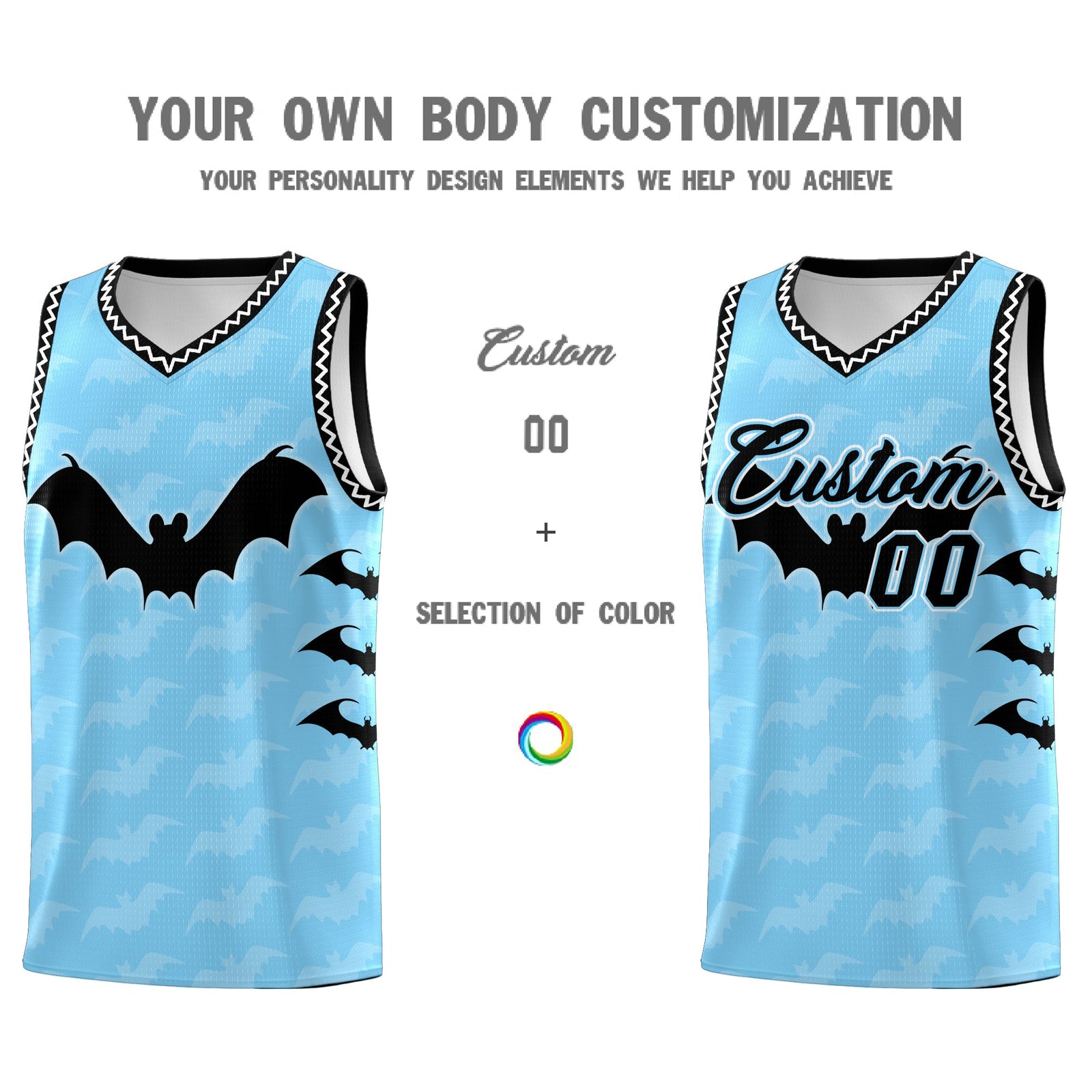 Custom Light Blue White Black Bat Pattern Halloween Basketball Jersey | For Men,For Kid,For Youth,Sublimation Printed,Perfect for Training,Perfect for Parties,Add Name and Numbern | KXKSHOP