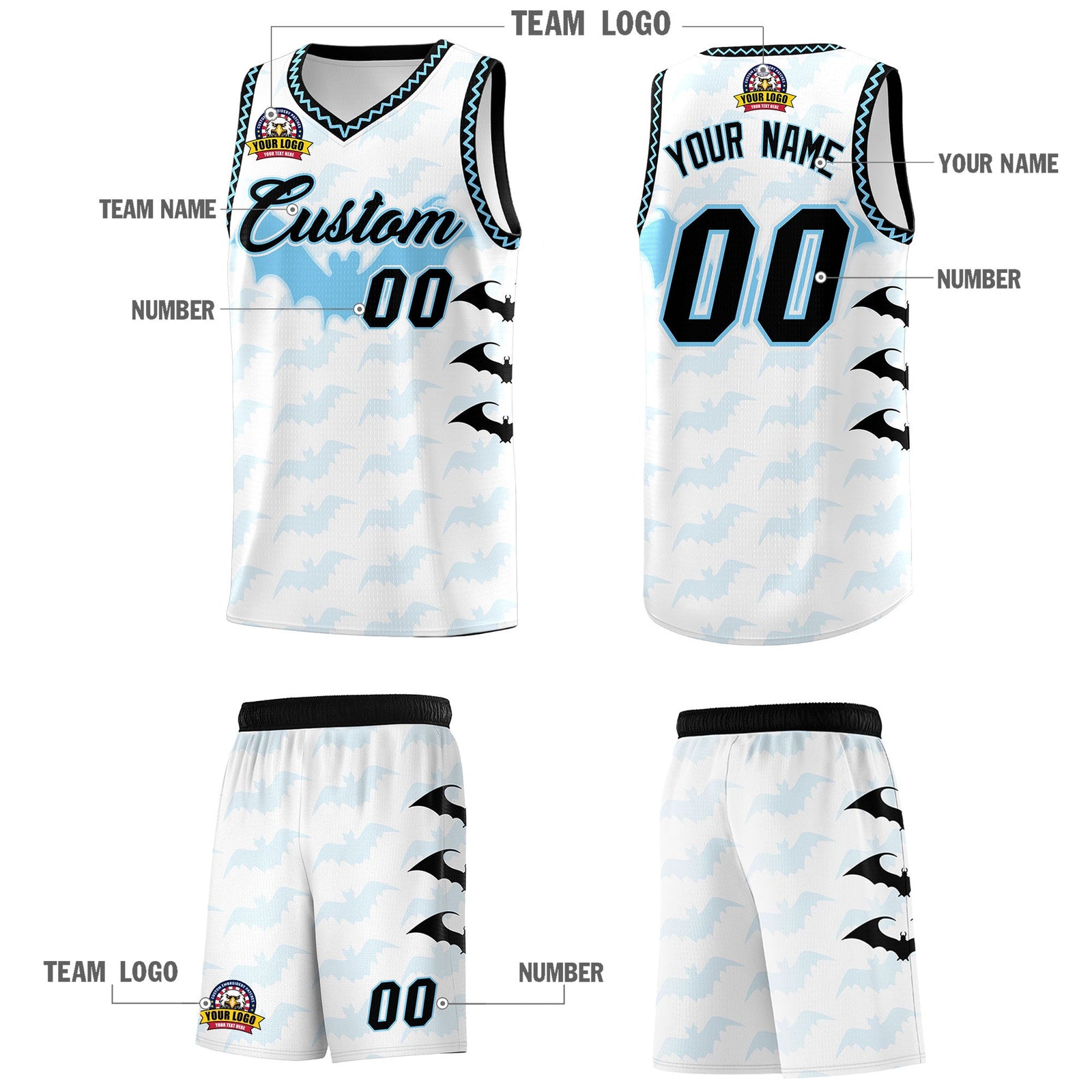 Custom White Light Blue Bat Pattern Halloween Basketball Jersey | For Men,For Kid,For Youth,Sublimation Printed,Perfect for Training,Perfect for Parties,Add Name and Numbern | KXKSHOP