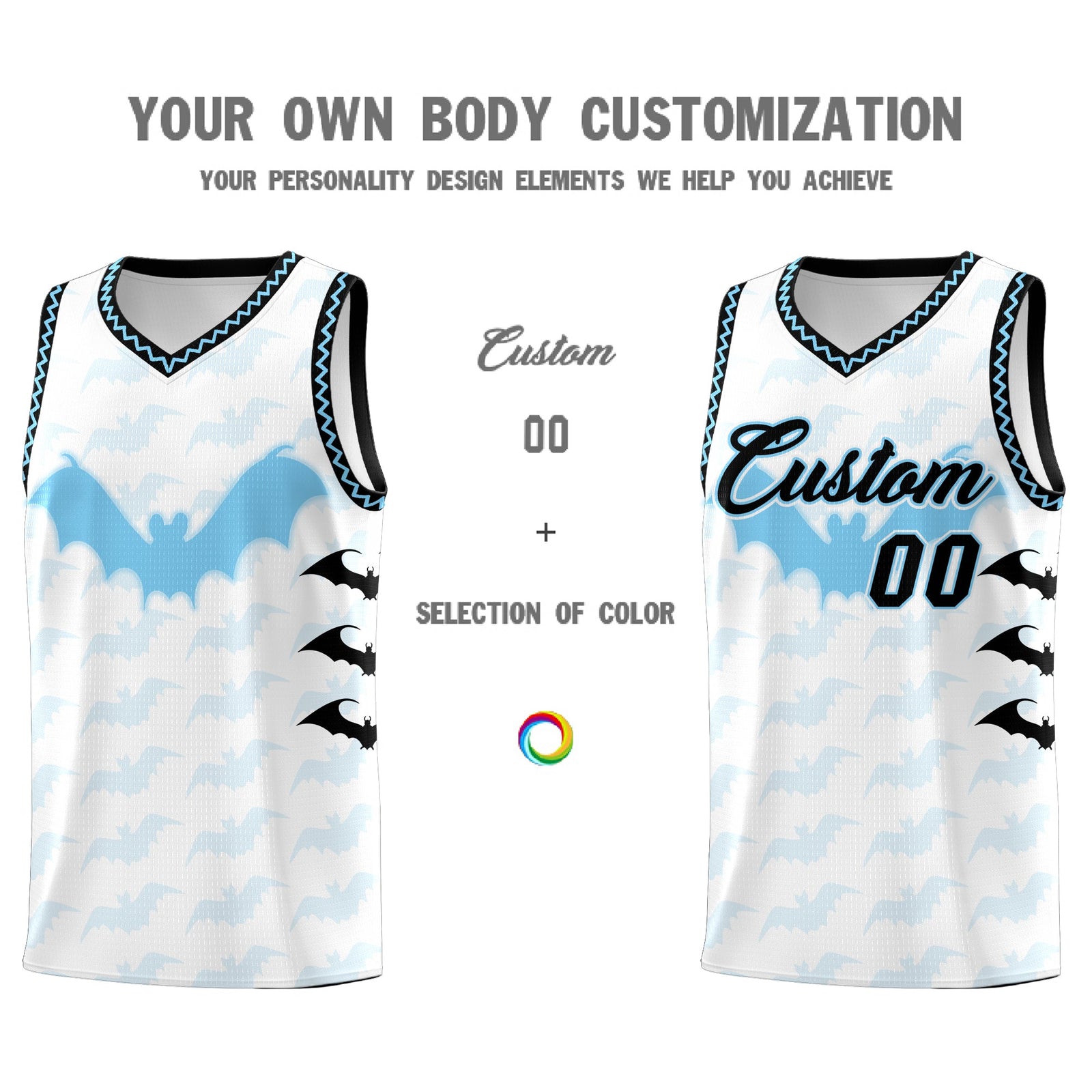 Custom White Light Blue Bat Pattern Halloween Basketball Jersey | For Men,For Kid,For Youth,Sublimation Printed,Perfect for Training,Perfect for Parties,Add Name and Numbern | KXKSHOP