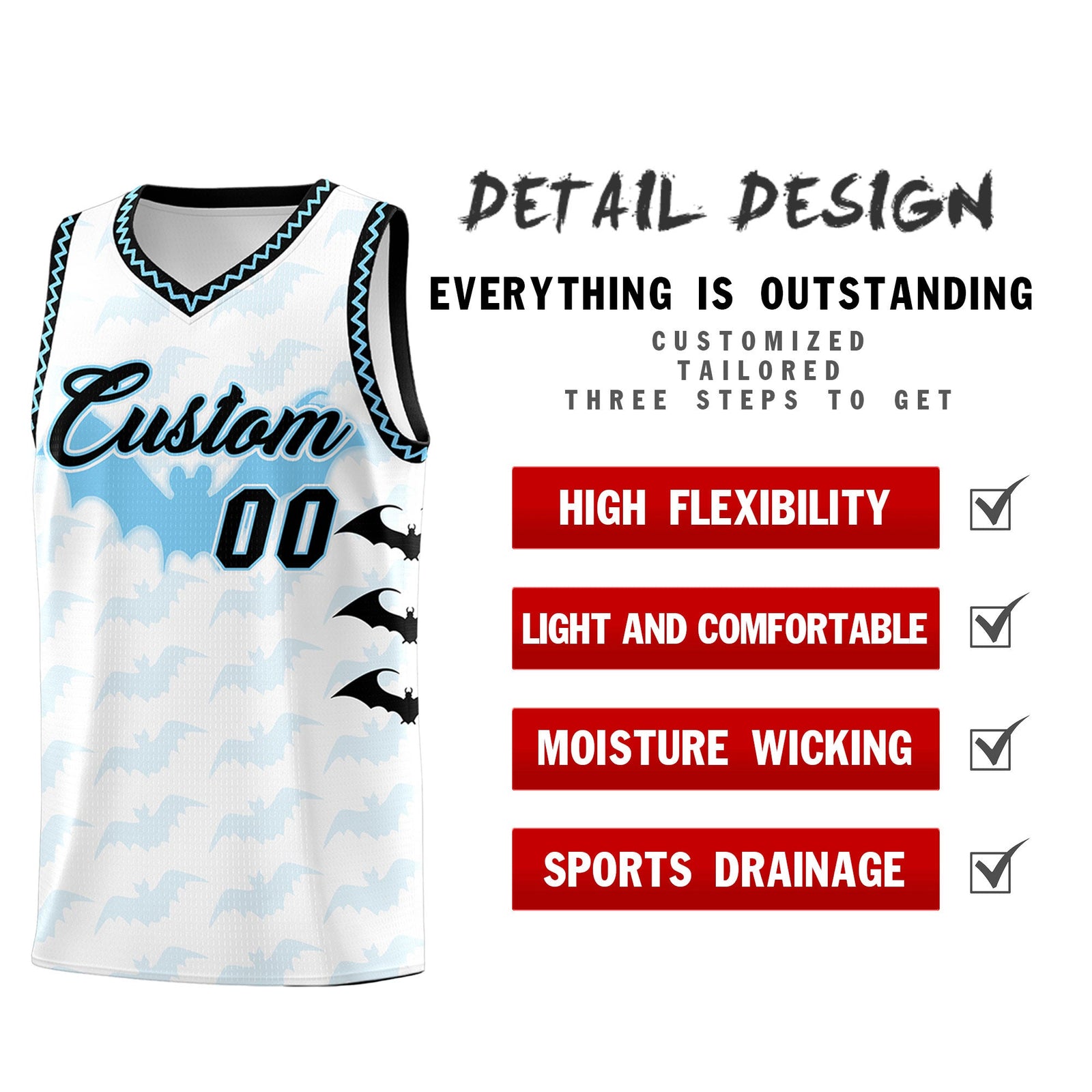 Custom White Light Blue Bat Pattern Halloween Basketball Jersey | For Men,For Kid,For Youth,Sublimation Printed,Perfect for Training,Perfect for Parties,Add Name and Numbern | KXKSHOP