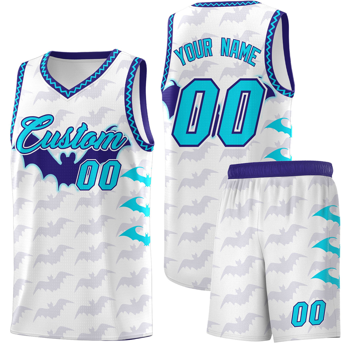 Custom White Sky Blue Bat Pattern Halloween Basketball Jersey | For Men,For Kid,For Youth,Sublimation Printed,Perfect for Training,Perfect for Parties,Add Name and Numbern | KXKSHOP