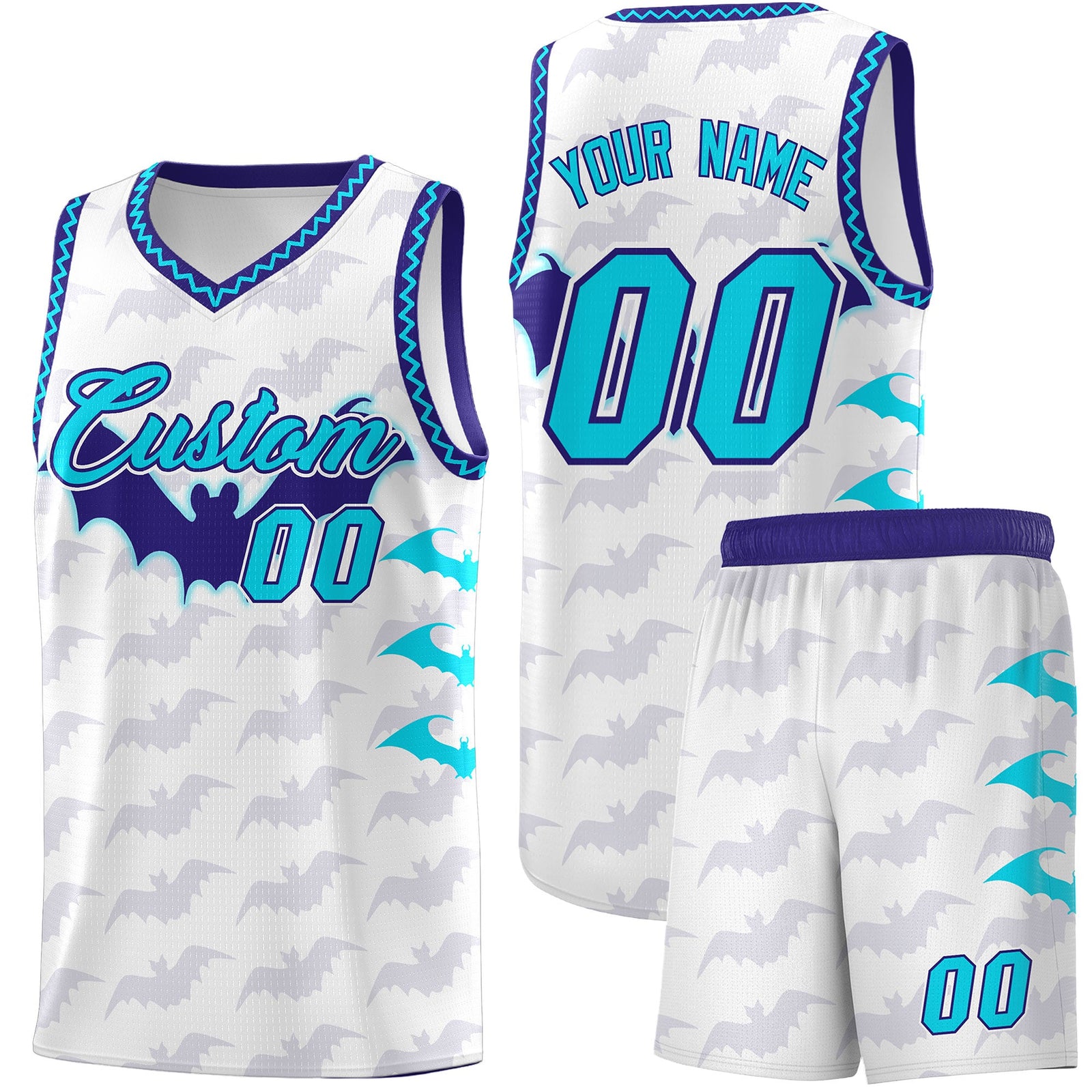 Custom White Sky Blue Bat Pattern Halloween Basketball Jersey | For Men,For Kid,For Youth,Sublimation Printed,Perfect for Training,Perfect for Parties,Add Name and Numbern | KXKSHOP