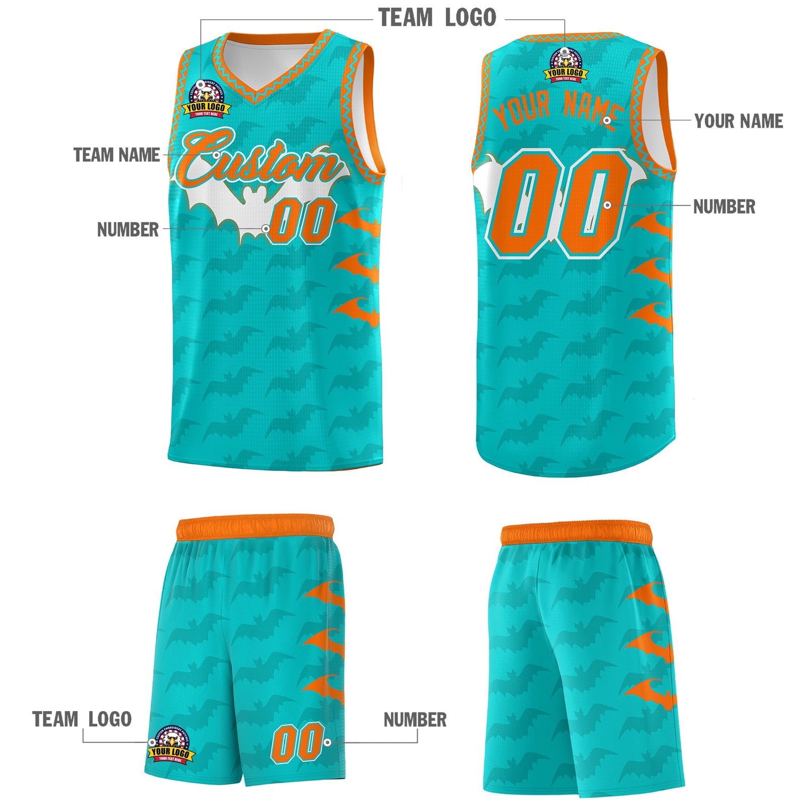 Custom Aqua Orange Bat Pattern Halloween Basketball Jersey | For Men,For Kid,For Youth,Sublimation Printed,Perfect for Training,Perfect for Parties,Add Name and Numbern | KXKSHOP