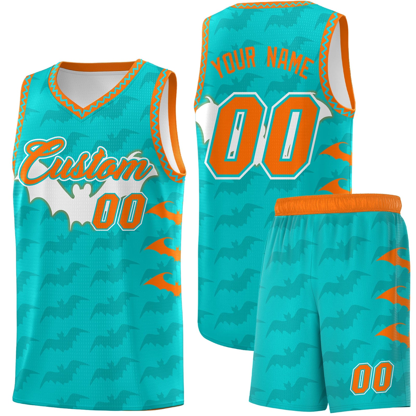 Custom Aqua Orange Bat Pattern Halloween Basketball Jersey | For Men,For Kid,For Youth,Sublimation Printed,Perfect for Training,Perfect for Parties,Add Name and Numbern | KXKSHOP