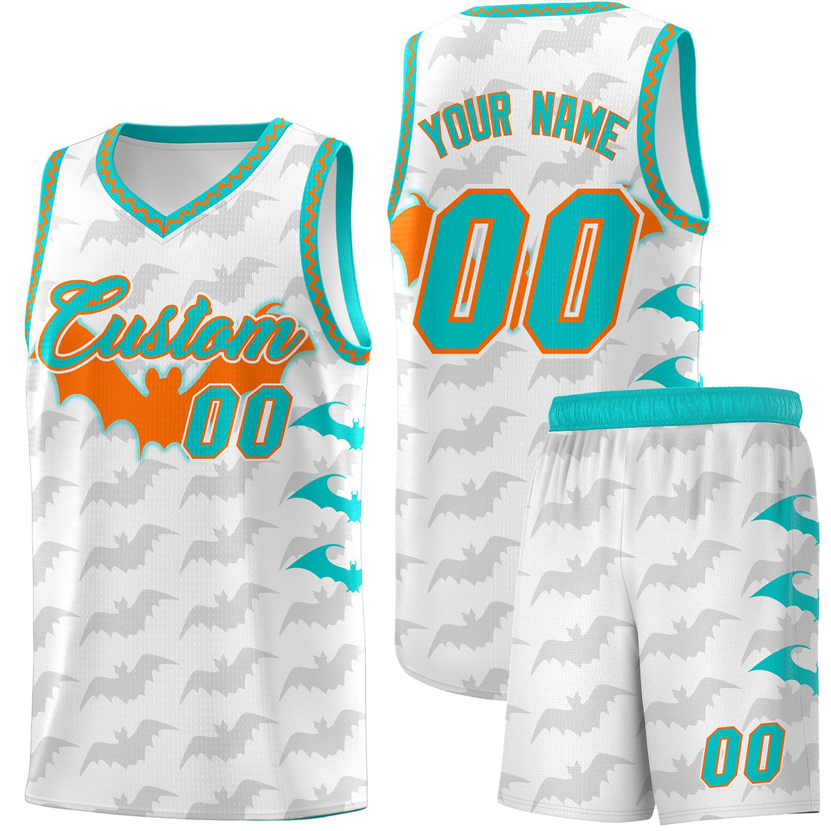 Custom White Orange Aqua Bat Pattern Halloween Basketball Jersey | For Men,For Kid,For Youth,Sublimation Printed,Perfect for Training,Perfect for Parties,Add Name and Numbern | KXKSHOP