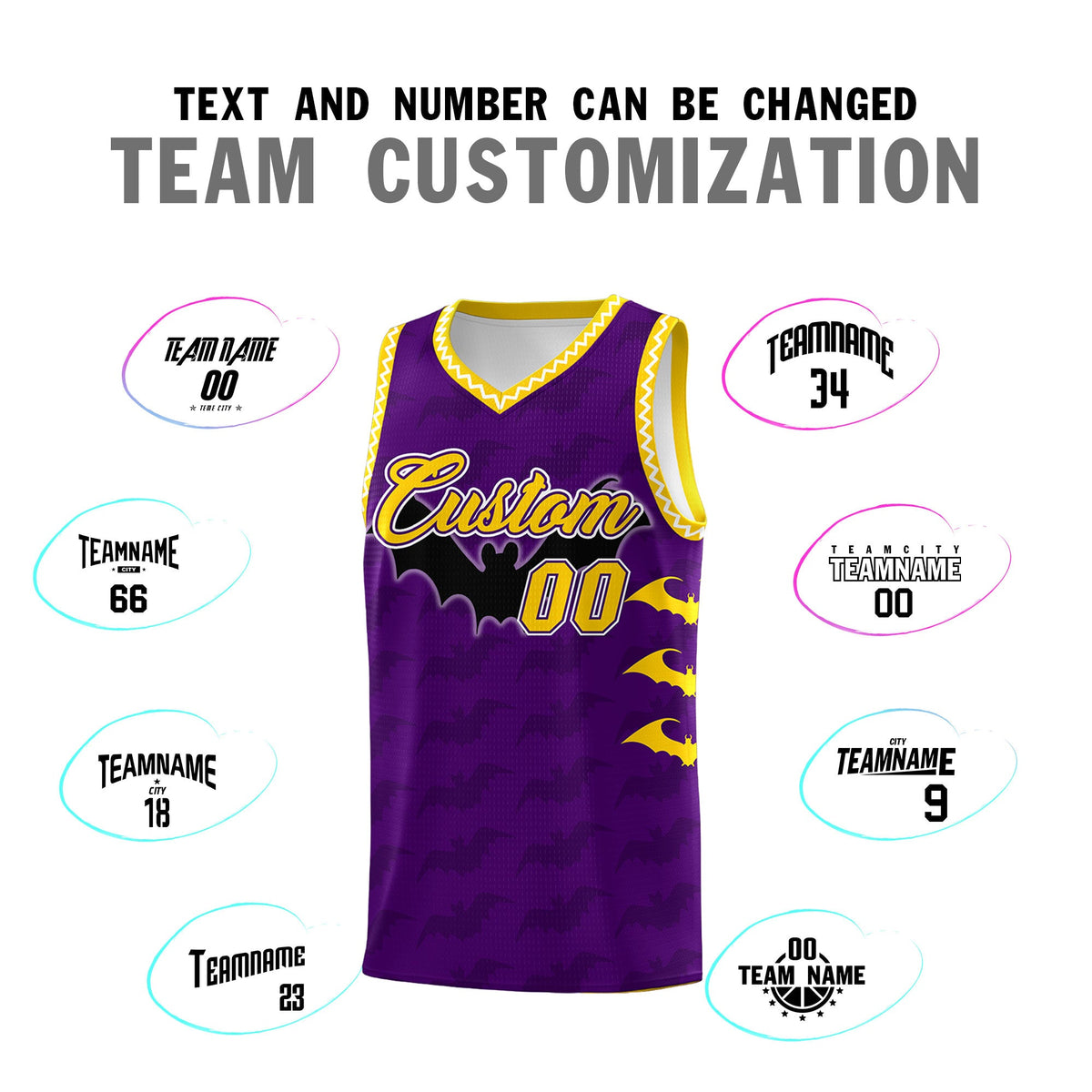 Custom Purple Gold White Bat Pattern Halloween Basketball Jersey | For Men,For Kid,For Youth,Sublimation Printed,Perfect for Training,Perfect for Parties,Add Name and Numbern | KXKSHOP