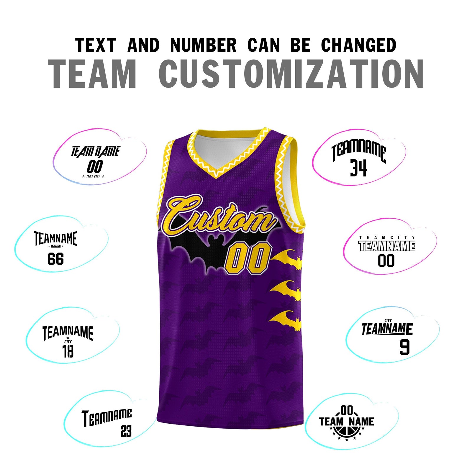 Custom Purple Gold White Bat Pattern Halloween Basketball Jersey | For Men,For Kid,For Youth,Sublimation Printed,Perfect for Training,Perfect for Parties,Add Name and Numbern | KXKSHOP