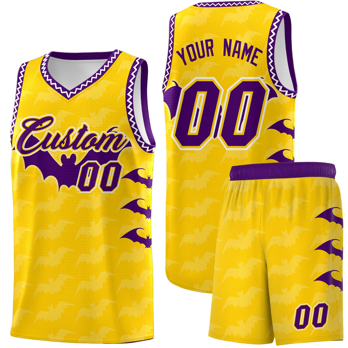 Custom Gold White Purple Bat Pattern Halloween Basketball Jersey | For Men,For Kid,For Youth,Sublimation Printed,Perfect for Training,Perfect for Parties,Add Name and Numbern | KXKSHOP