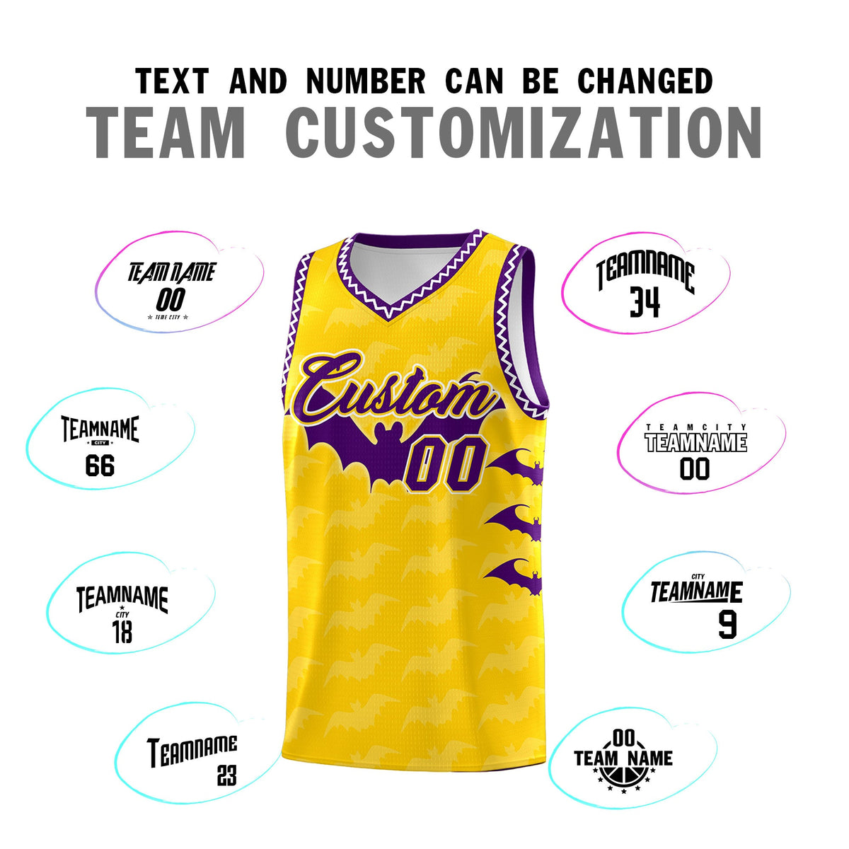Custom Gold White Purple Bat Pattern Halloween Basketball Jersey | For Men,For Kid,For Youth,Sublimation Printed,Perfect for Training,Perfect for Parties,Add Name and Numbern | KXKSHOP
