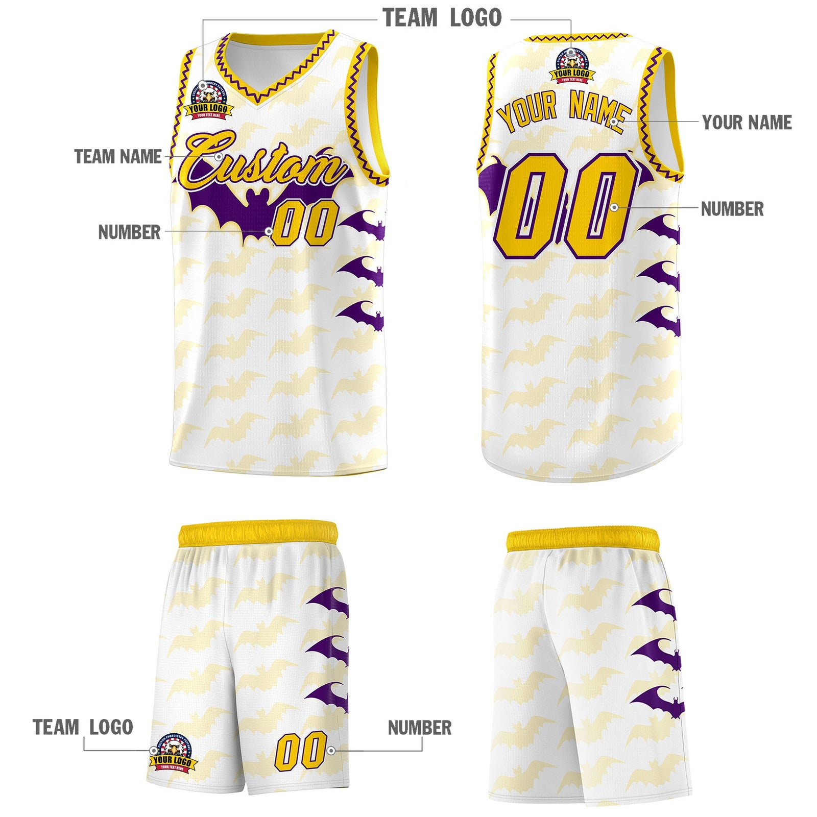 Custom White Purple Gold Bat Pattern Halloween Basketball Jersey | For Men,For Kid,For Youth,Sublimation Printed,Perfect for Training,Perfect for Parties,Add Name and Numbern | KXKSHOP