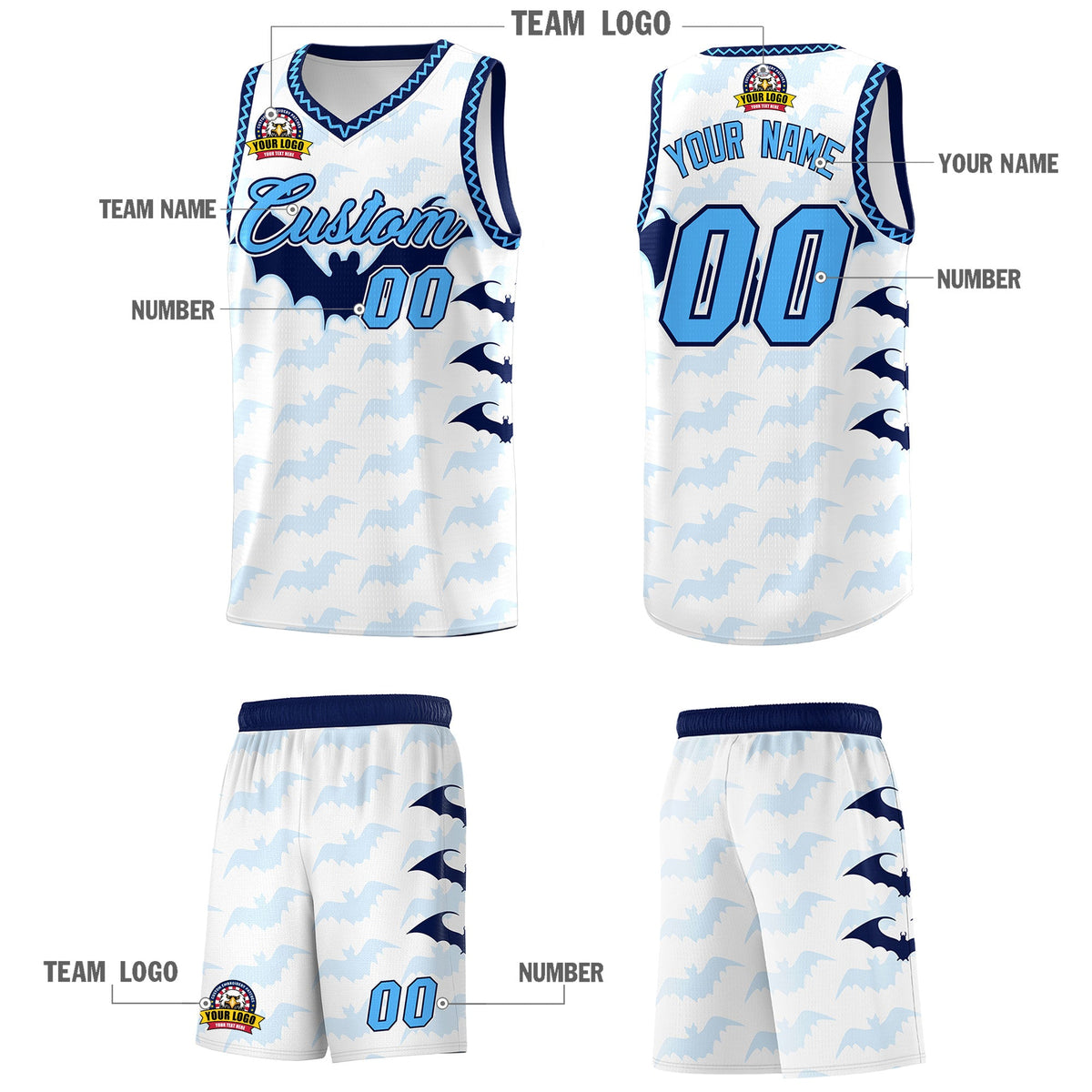 Custom White Powder Blue Bat Pattern Halloween Basketball Jersey | For Men,For Kid,For Youth,Sublimation Printed,Perfect for Training,Perfect for Parties,Add Name and Numbern | KXKSHOP