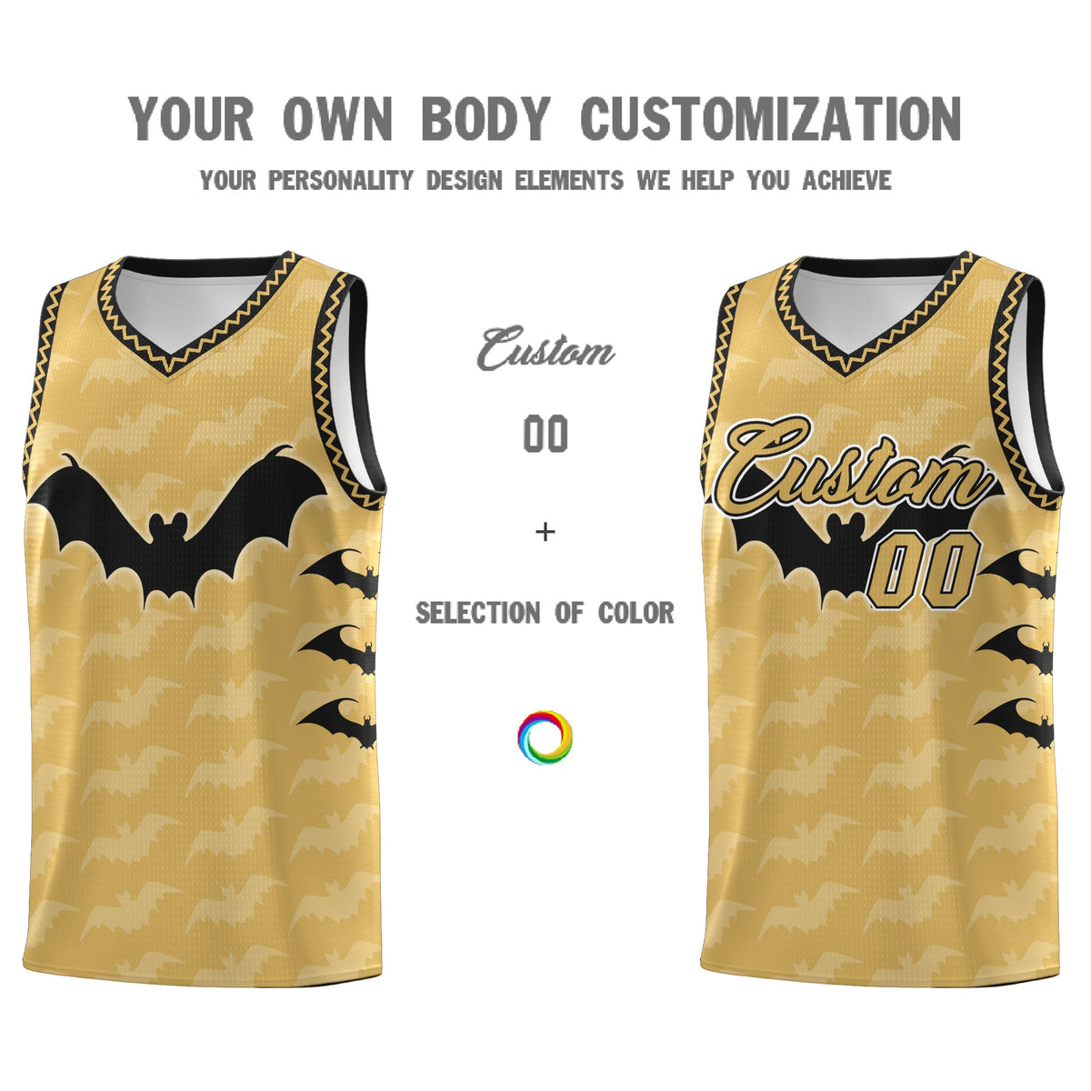 Custom Old Gold Black White Bat Pattern Halloween Basketball Jersey | For Men,For Kid,For Youth,Sublimation Printed,Perfect for Training,Perfect for Parties,Add Name and Numbern | KXKSHOP