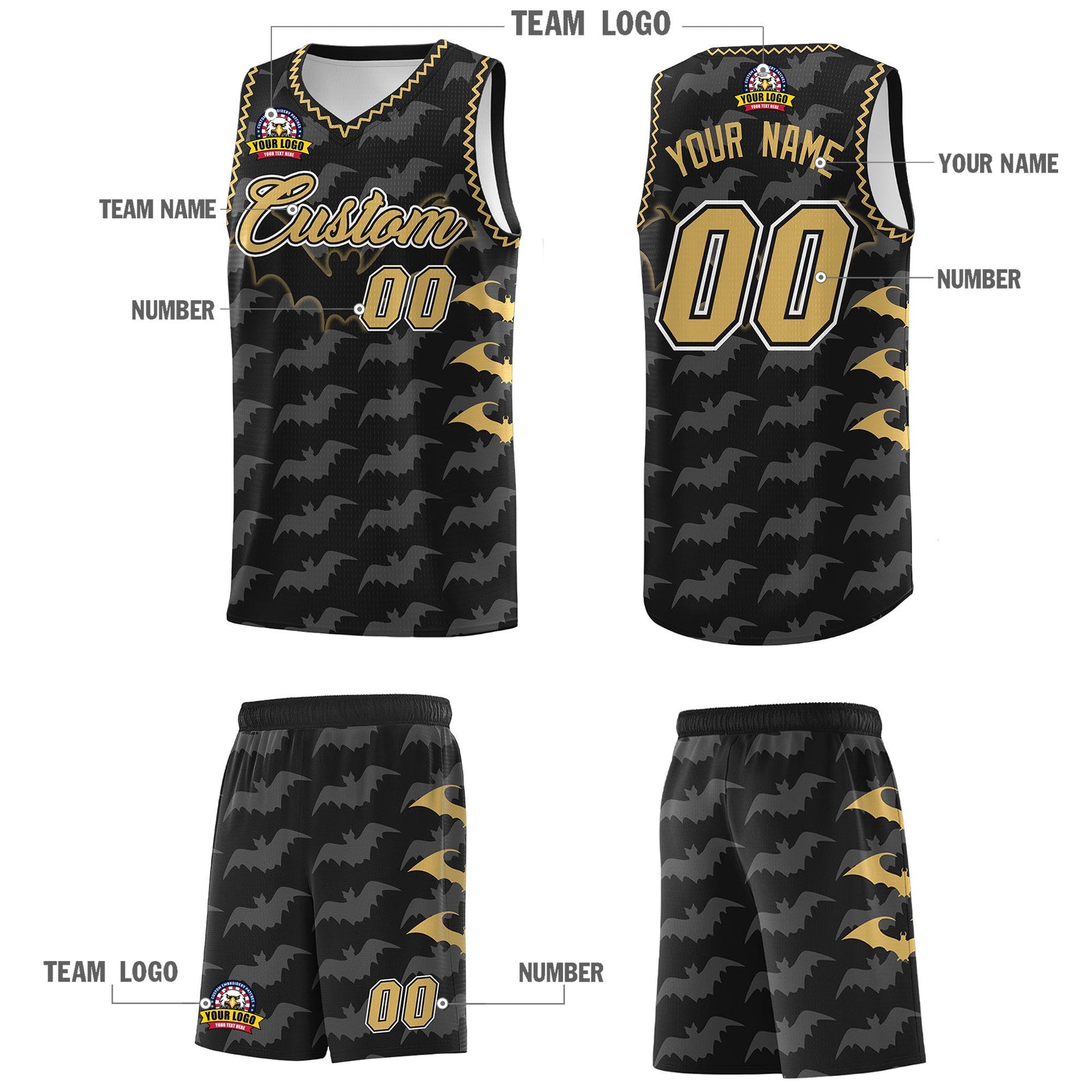 Custom Black Old Gold White Bat Pattern Halloween Basketball Jersey | For Men,For Kid,For Youth,Sublimation Printed,Perfect for Training,Perfect for Parties,Add Name and Numbern | KXKSHOP