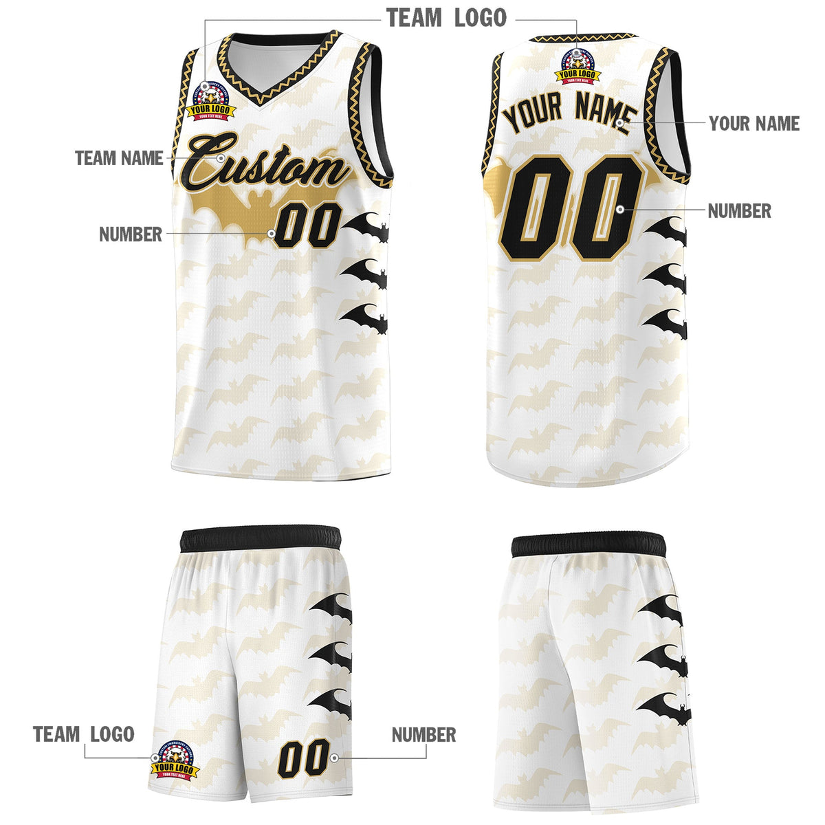 Custom White Old Gold Bat Pattern Halloween Basketball Jersey | For Men,For Kid,For Youth,Sublimation Printed,Perfect for Training,Perfect for Parties,Add Name and Numbern | KXKSHOP