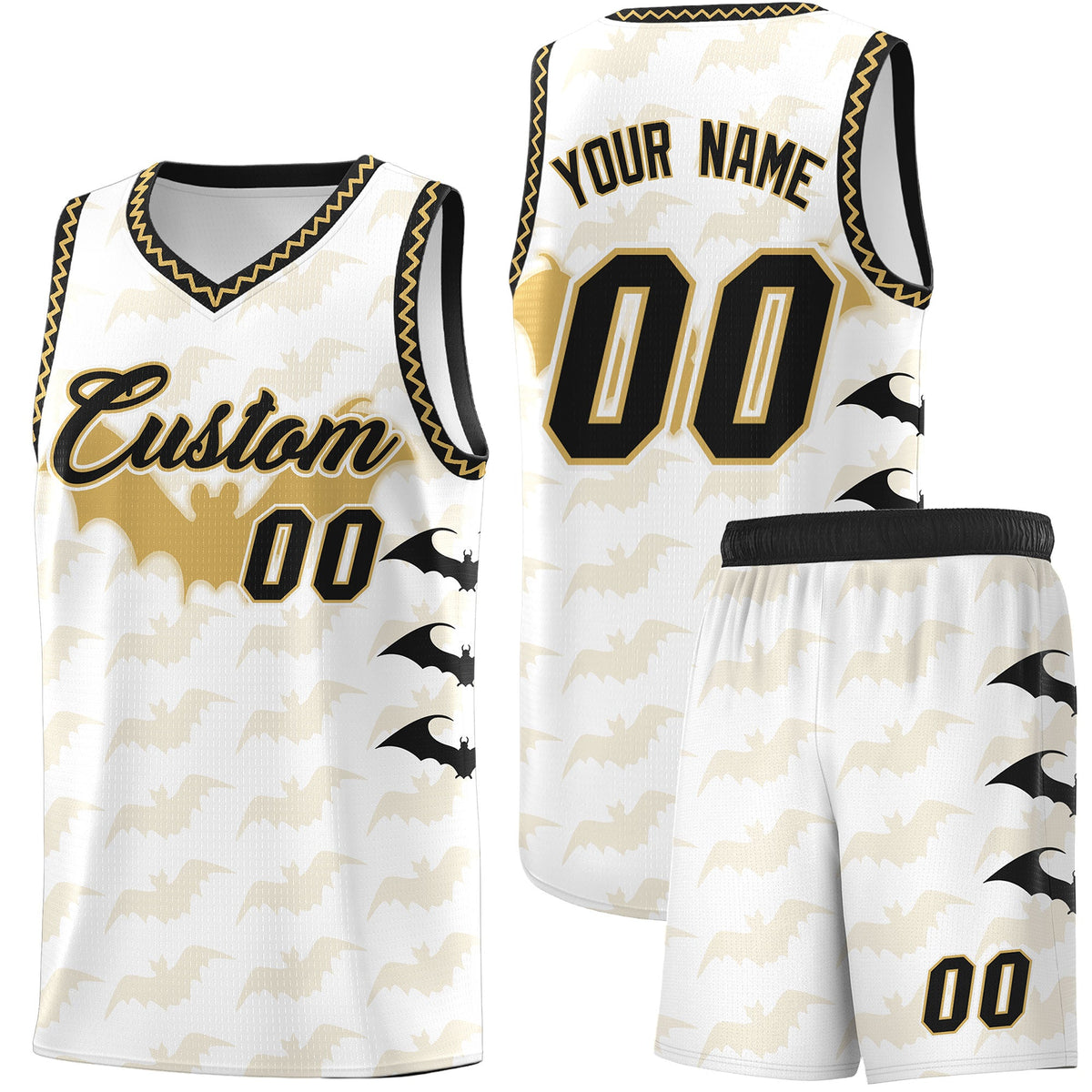 Custom White Old Gold Bat Pattern Halloween Basketball Jersey | For Men,For Kid,For Youth,Sublimation Printed,Perfect for Training,Perfect for Parties,Add Name and Numbern | KXKSHOP