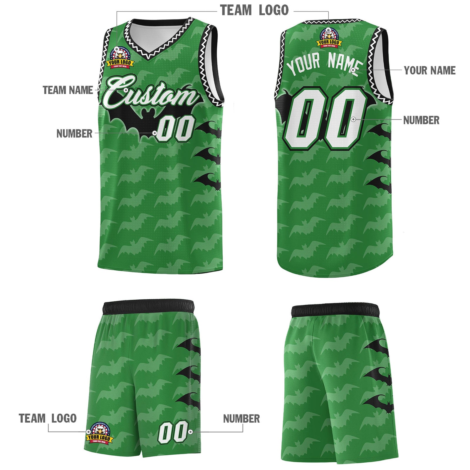 Custom Kelly Green White Black Bat Pattern Halloween Basketball Jersey | For Men,For Kid,For Youth,Sublimation Printed,Perfect for Training,Perfect for Parties,Add Name and Numbern | KXKSHOP