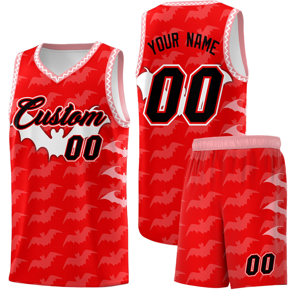 Custom Light Red White Bat Pattern Halloween Basketball Jersey | For Men,For Kid,For Youth,Sublimation Printed,Perfect for Training,Perfect for Parties,Add Name and Numbern | KXKSHOP