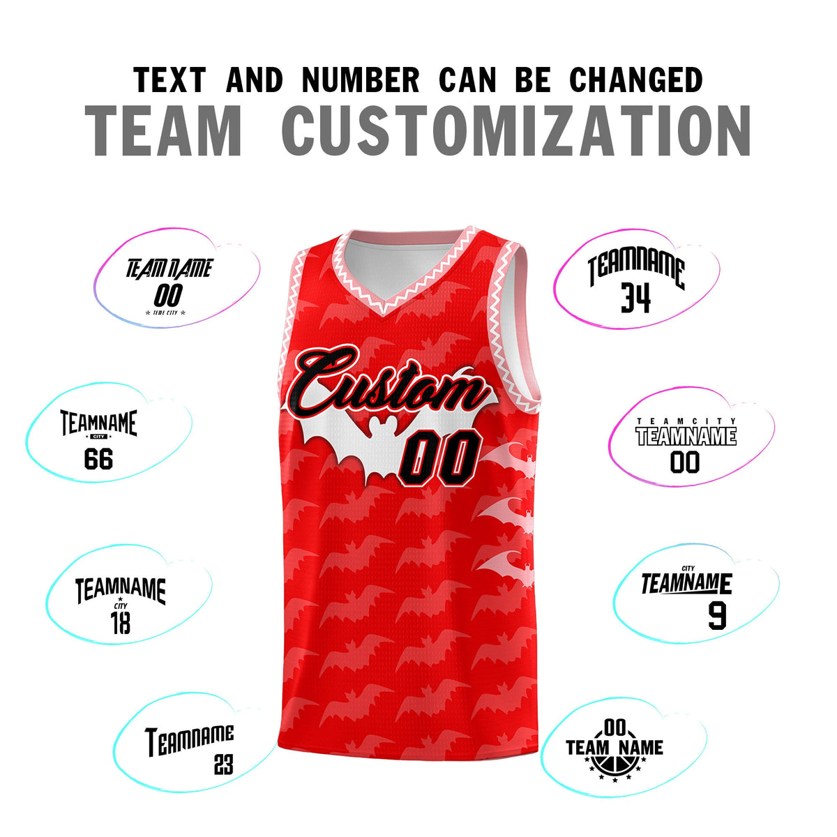 Custom Light Red White Bat Pattern Halloween Basketball Jersey | For Men,For Kid,For Youth,Sublimation Printed,Perfect for Training,Perfect for Parties,Add Name and Numbern | KXKSHOP