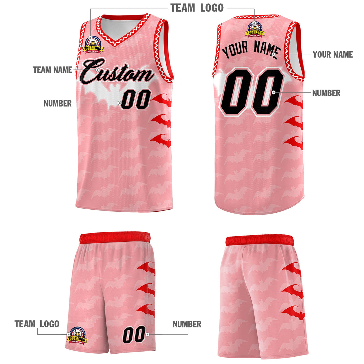 Custom Light Pink White Bat Pattern Halloween Basketball Jersey | For Men,For Kid,For Youth,Sublimation Printed,Perfect for Training,Perfect for Parties,Add Name and Numbern | KXKSHOP