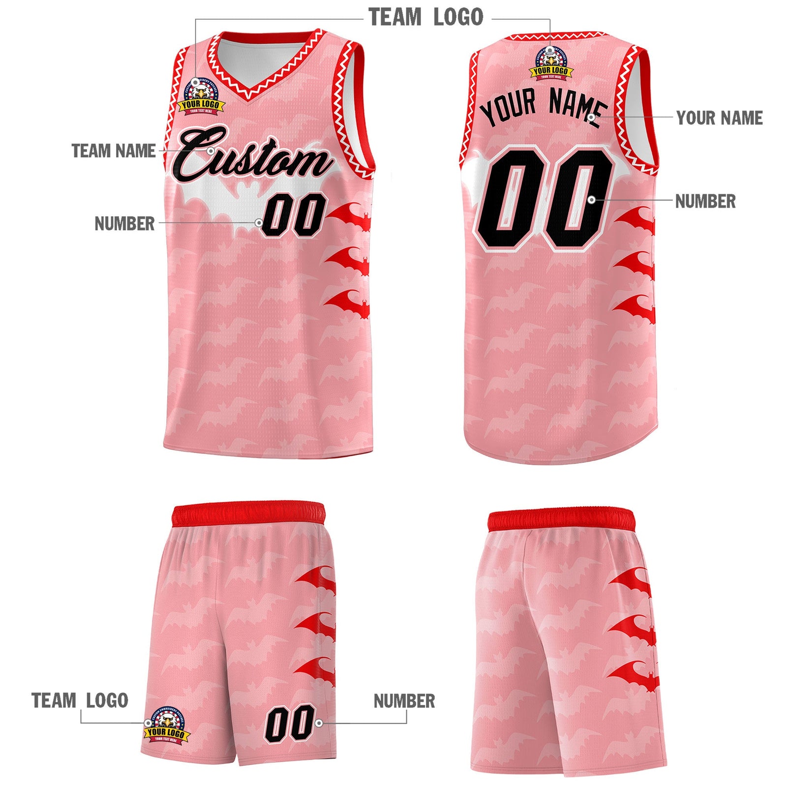 Custom Light Pink White Bat Pattern Halloween Basketball Jersey | For Men,For Kid,For Youth,Sublimation Printed,Perfect for Training,Perfect for Parties,Add Name and Numbern | KXKSHOP