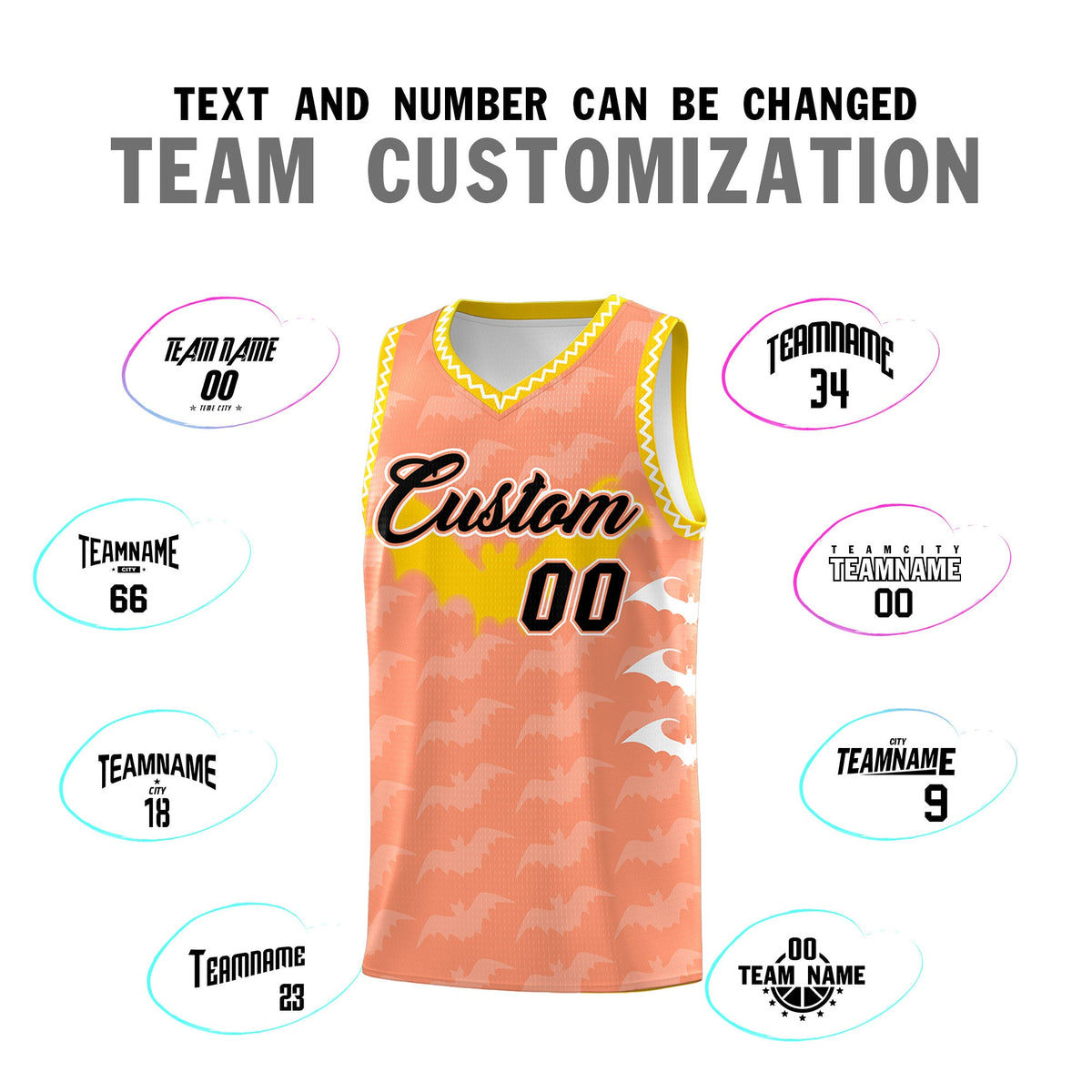 Custom Light Orange White Bat Pattern Halloween Basketball Jersey | For Men,For Kid,For Youth,Sublimation Printed,Perfect for Training,Perfect for Parties,Add Name and Numbern | KXKSHOP