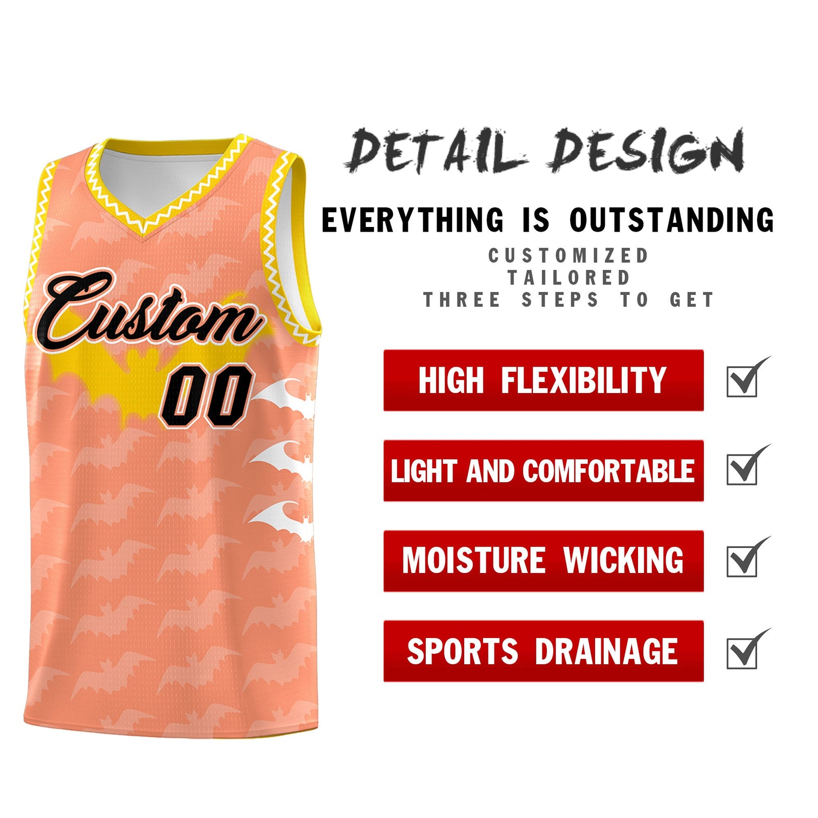 Custom Light Orange White Bat Pattern Halloween Basketball Jersey | For Men,For Kid,For Youth,Sublimation Printed,Perfect for Training,Perfect for Parties,Add Name and Numbern | KXKSHOP