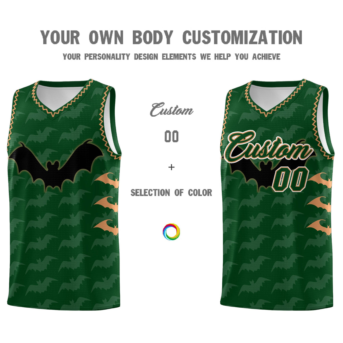 Custom Green Buckskin Brown Bat Pattern Halloween Basketball Jersey | For Men,For Kid,For Youth,Sublimation Printed,Perfect for Training,Perfect for Parties,Add Name and Numbern | KXKSHOP