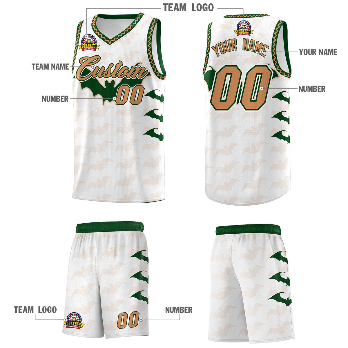 Custom White Buckskin Brown Bat Pattern Halloween Basketball Jersey | For Men,For Kid,For Youth,Sublimation Printed,Perfect for Training,Perfect for Parties,Add Name and Numbern | KXKSHOP