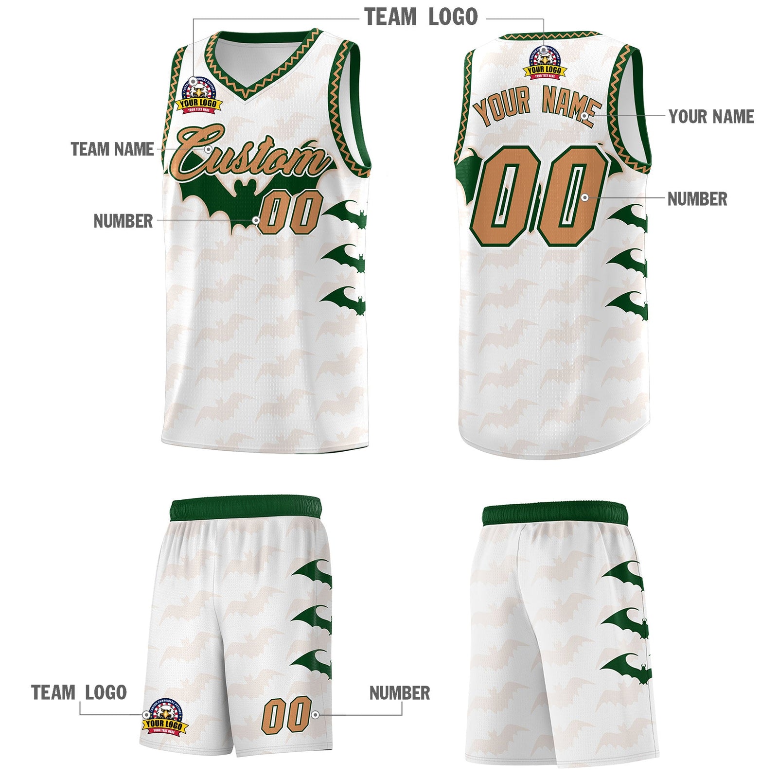 Custom White Buckskin Brown Bat Pattern Halloween Basketball Jersey | For Men,For Kid,For Youth,Sublimation Printed,Perfect for Training,Perfect for Parties,Add Name and Numbern | KXKSHOP