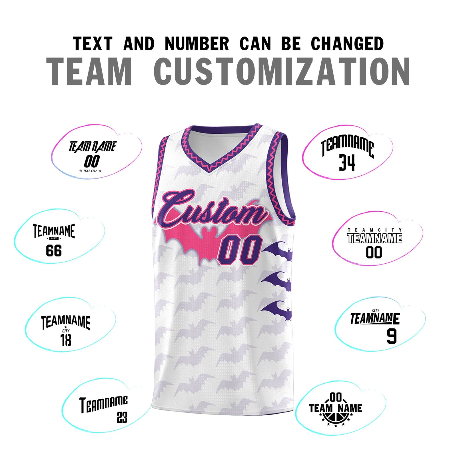 Custom White Pink Purple Bat Pattern Halloween Basketball Jersey | For Men,For Kid,For Youth,Sublimation Printed,Perfect for Training,Perfect for Parties,Add Name and Numbern | KXKSHOP