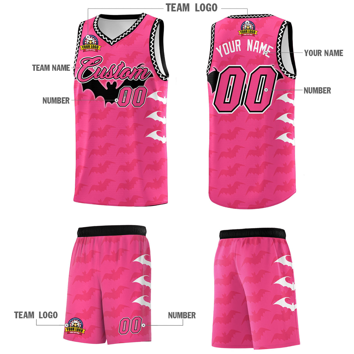 Custom Pink Black White Bat Pattern Halloween Basketball Jersey | For Men,For Kid,For Youth,Sublimation Printed,Perfect for Training,Perfect for Parties,Add Name and Numbern | KXKSHOP