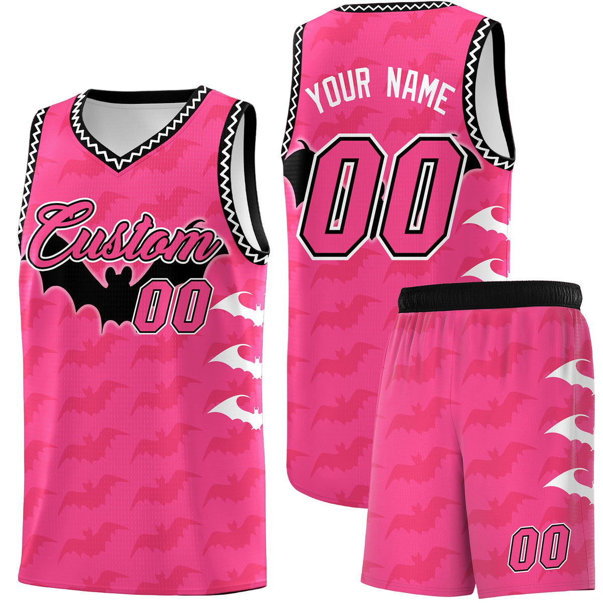 Custom Pink Black White Bat Pattern Halloween Basketball Jersey | For Men,For Kid,For Youth,Sublimation Printed,Perfect for Training,Perfect for Parties,Add Name and Numbern | KXKSHOP