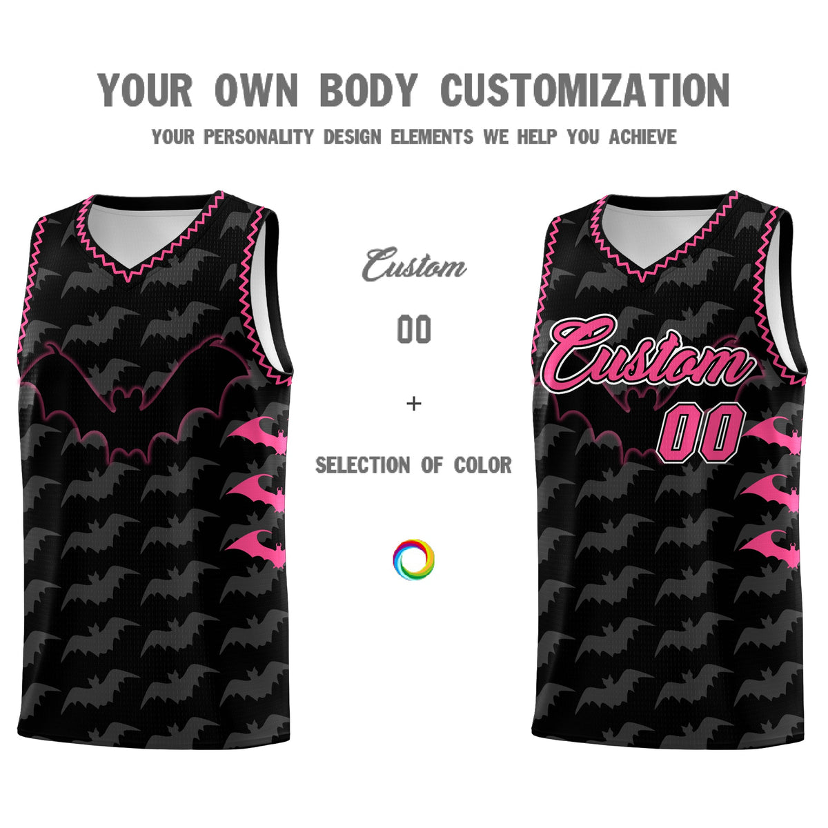 Custom Black Pink Bat Pattern Halloween Basketball Jersey | For Men,For Kid,For Youth,Sublimation Printed,Perfect for Training,Perfect for Parties,Add Name and Numbern | KXKSHOP