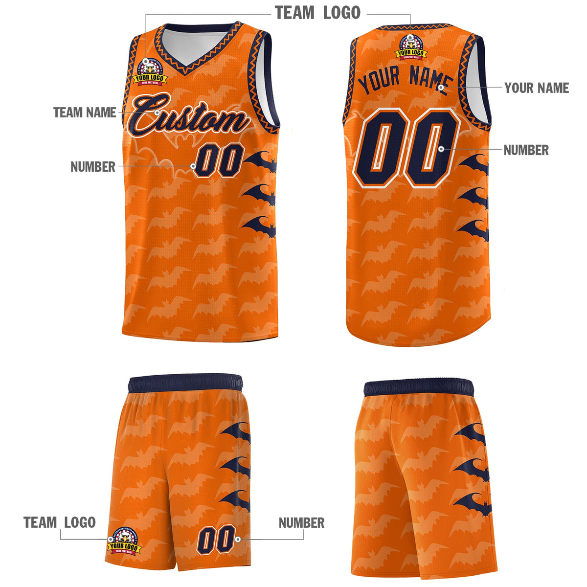 Custom Orange Navy White Bat Pattern Halloween Basketball Jersey | For Men,For Kid,For Youth,Sublimation Printed,Perfect for Training,Perfect for Parties,Add Name and Numbern | KXKSHOP