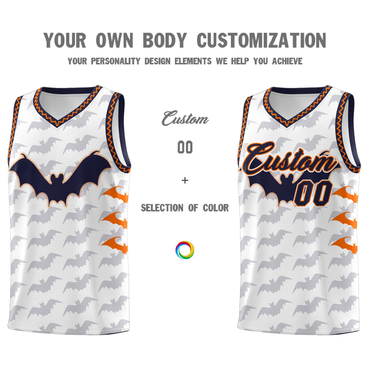 Custom White Orange Navy Bat Pattern Halloween Basketball Jersey | For Men,For Kid,For Youth,Sublimation Printed,Perfect for Training,Perfect for Parties,Add Name and Numbern | KXKSHOP