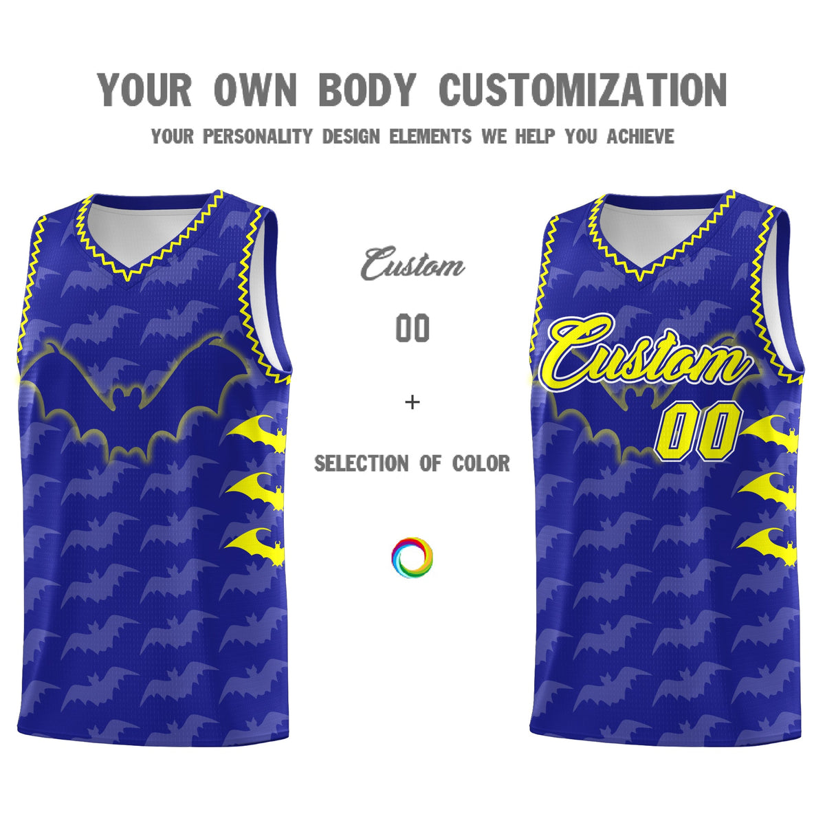 Custom Royal Fluorescent Yellow Bat Pattern Halloween Basketball Jersey | For Men,For Kid,For Youth,Sublimation Printed,Perfect for Training,Perfect for Parties,Add Name and Numbern | KXKSHOP