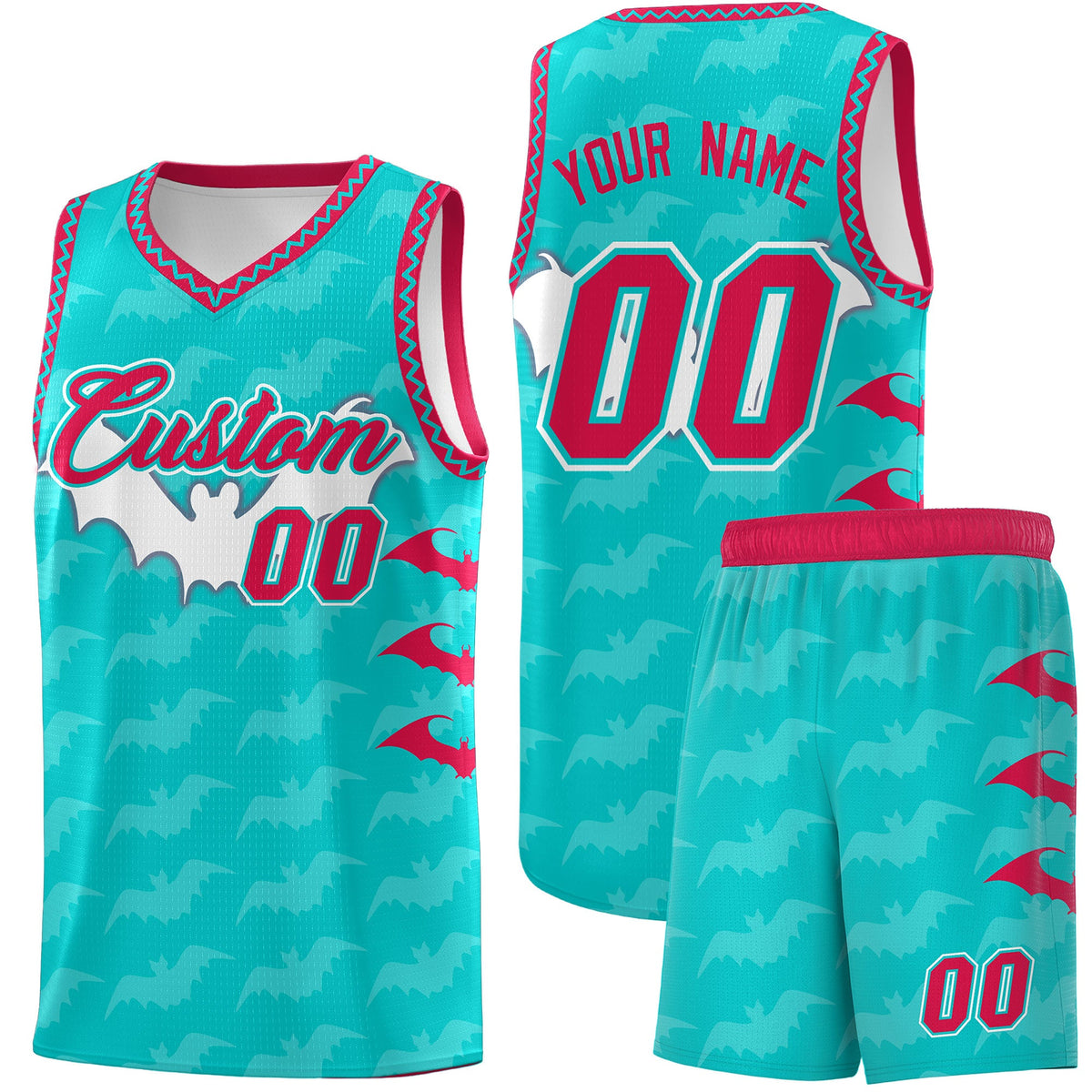 Custom Aqua White Red Bat Pattern Halloween Basketball Jersey | For Men,For Kid,For Youth,Sublimation Printed,Perfect for Training,Perfect for Parties,Add Name and Numbern | KXKSHOP