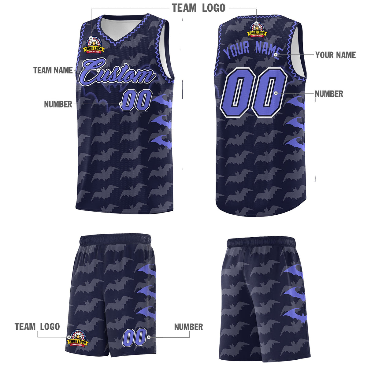 Custom Navy Purple Bat Pattern Halloween Basketball Jersey | For Men,For Kid,For Youth,Sublimation Printed,Perfect for Training,Perfect for Parties,Add Name and Numbern | KXKSHOP