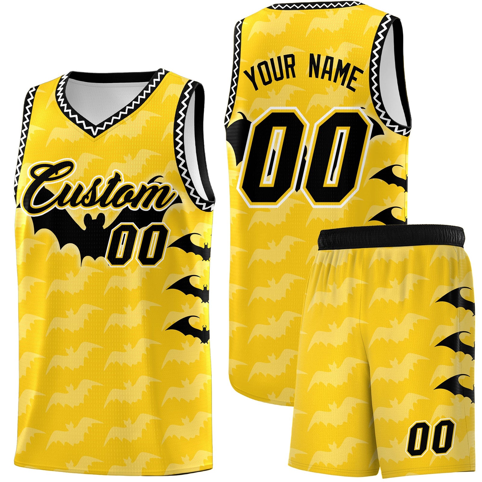 Custom Gold White Black Bat Pattern Halloween Basketball Jersey | For Men,For Kid,For Youth,Sublimation Printed,Perfect for Training,Perfect for Parties,Add Name and Numbern | KXKSHOP