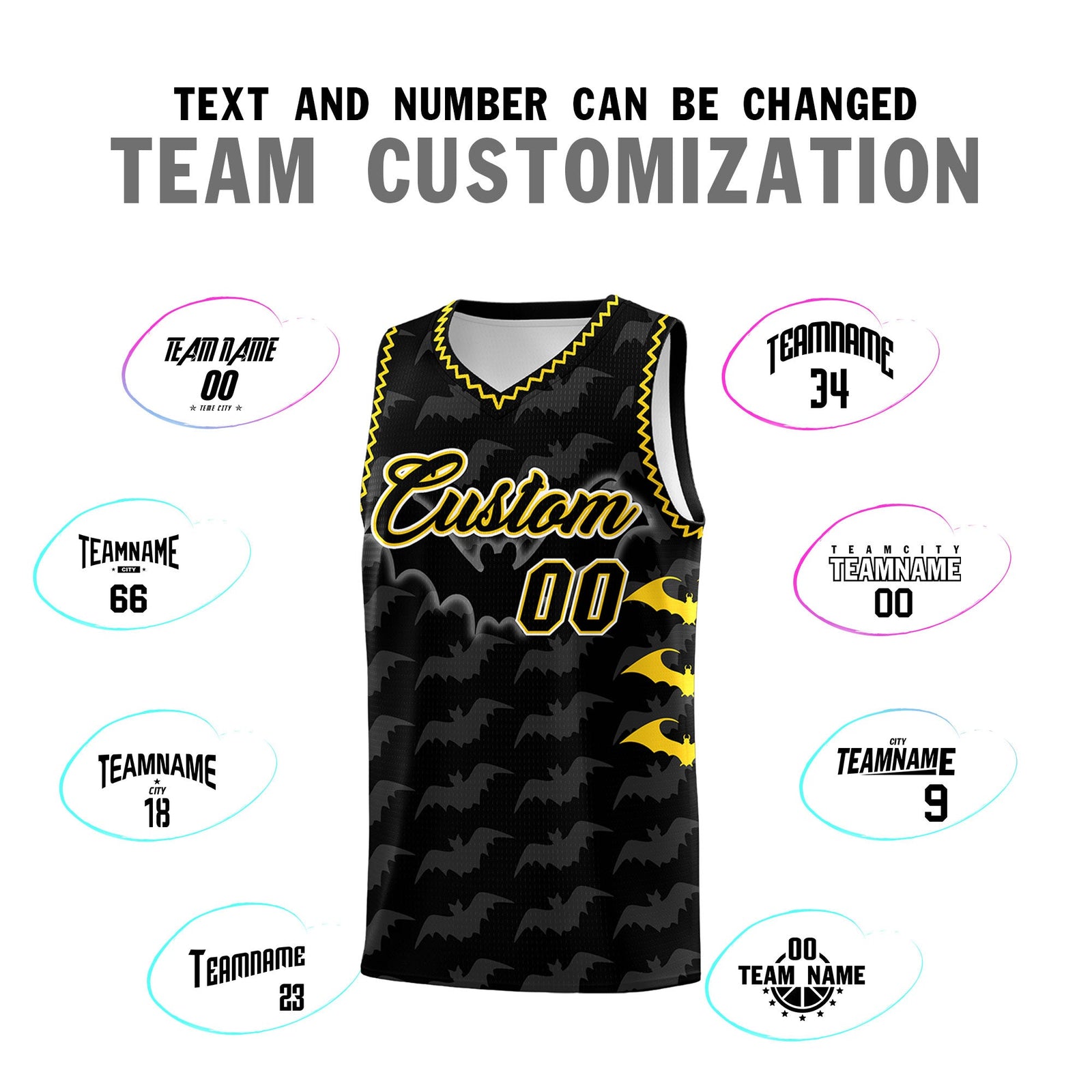 Custom Black Gold Bat Pattern Halloween Basketball Jersey | For Men,For Kid,For Youth,Sublimation Printed,Perfect for Training,Perfect for Parties,Add Name and Numbern | KXKSHOP