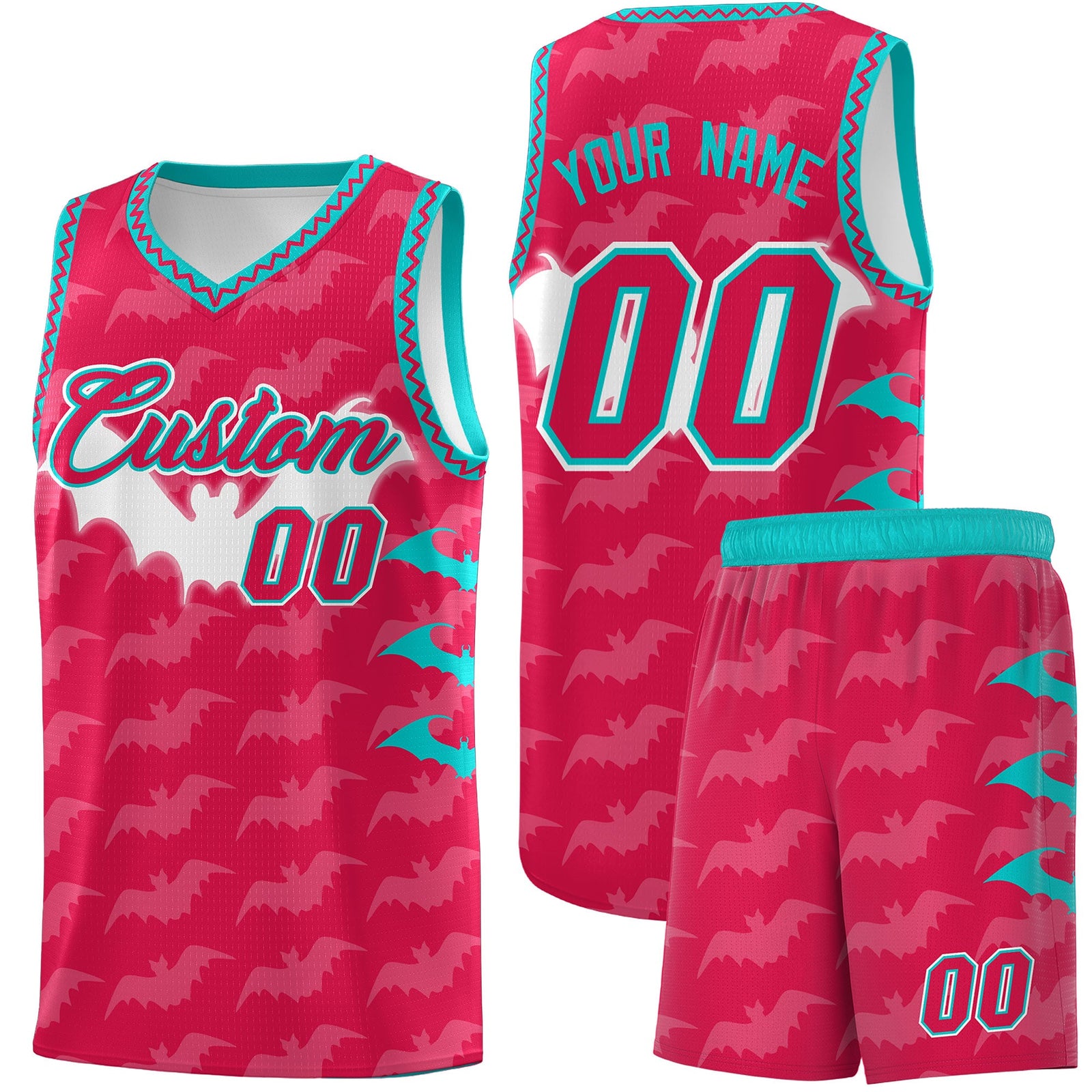 Custom Red White Aqua Bat Pattern Halloween Basketball Jersey | For Men,For Kid,For Youth,Sublimation Printed,Perfect for Training,Perfect for Parties,Add Name and Numbern | KXKSHOP