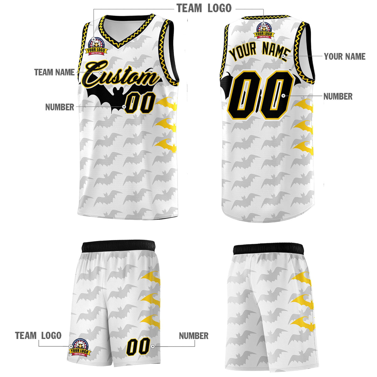 Custom White Gold Black Bat Pattern Halloween Basketball Jersey | For Men,For Kid,For Youth,Sublimation Printed,Perfect for Training,Perfect for Parties,Add Name and Numbern | KXKSHOP