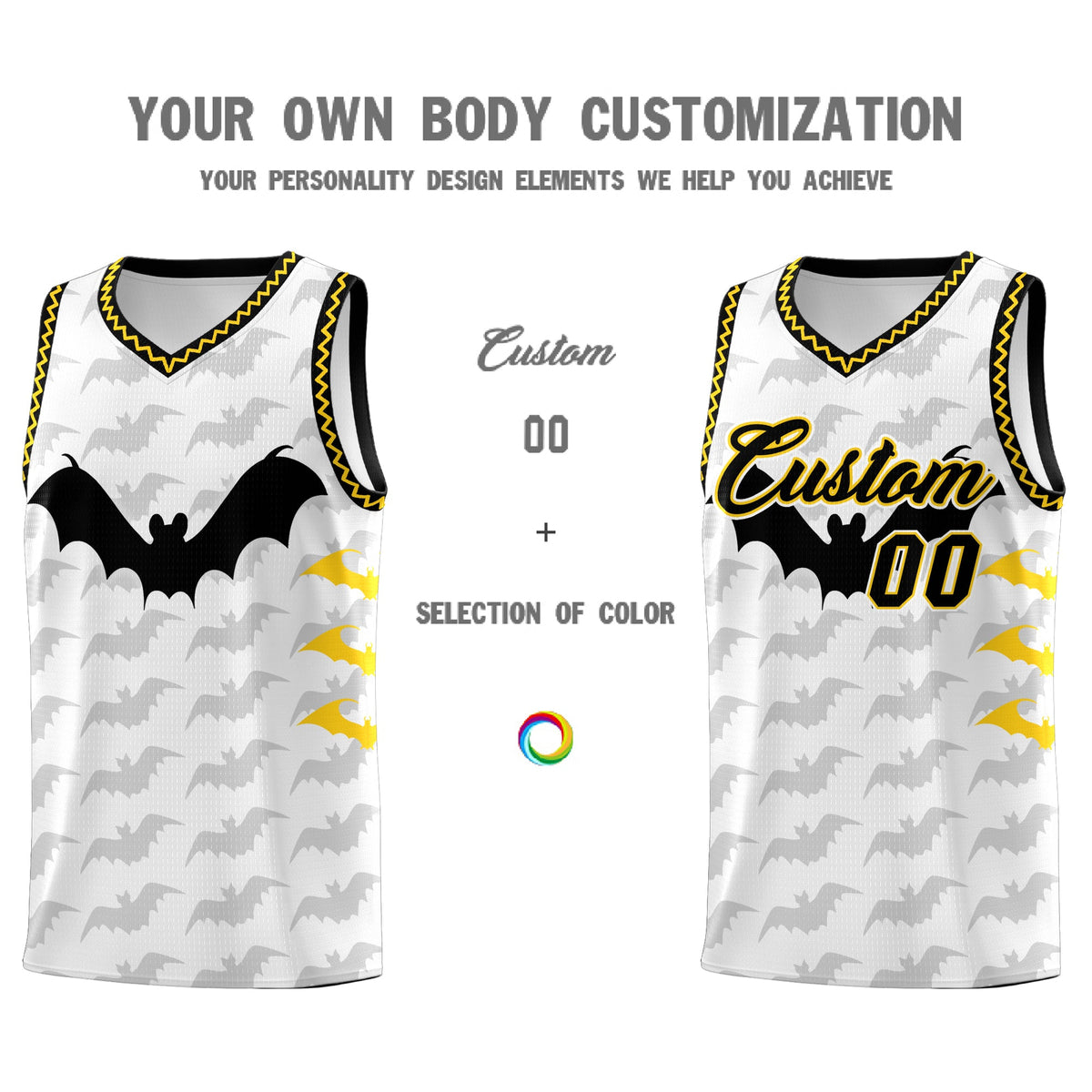 Custom White Gold Black Bat Pattern Halloween Basketball Jersey | For Men,For Kid,For Youth,Sublimation Printed,Perfect for Training,Perfect for Parties,Add Name and Numbern | KXKSHOP