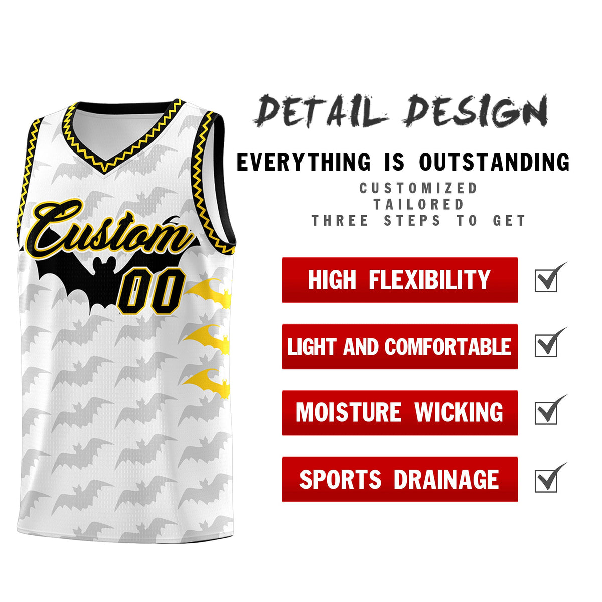 Custom White Gold Black Bat Pattern Halloween Basketball Jersey | For Men,For Kid,For Youth,Sublimation Printed,Perfect for Training,Perfect for Parties,Add Name and Numbern | KXKSHOP