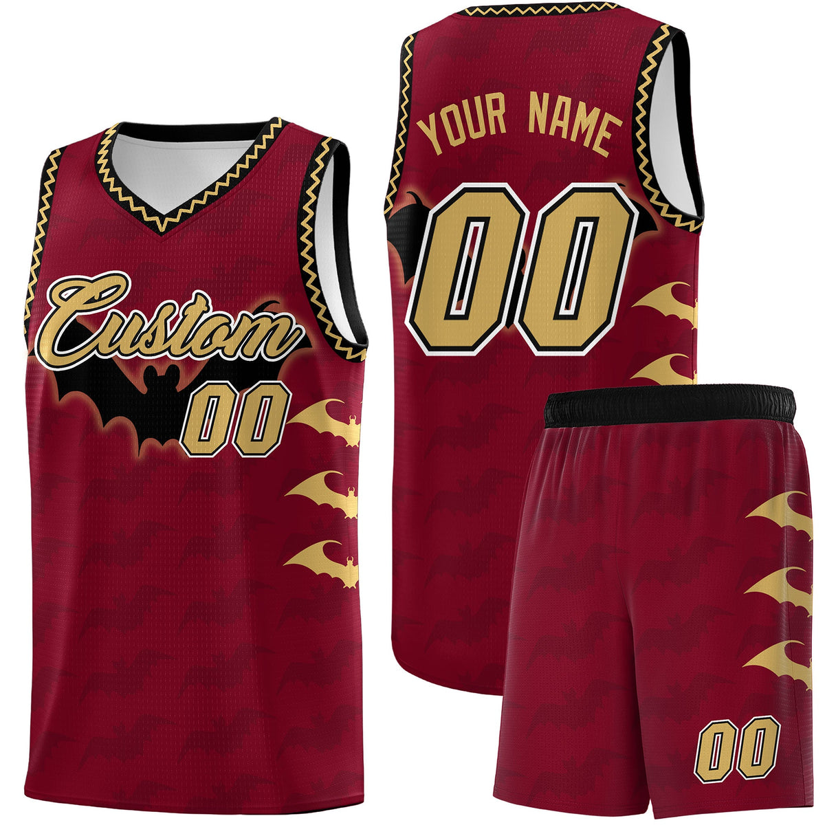 Custom Crimson Old Gold Bat Pattern Halloween Basketball Jersey | For Men,For Kid,For Youth,Sublimation Printed,Perfect for Training,Perfect for Parties,Add Name and Numbern | KXKSHOP